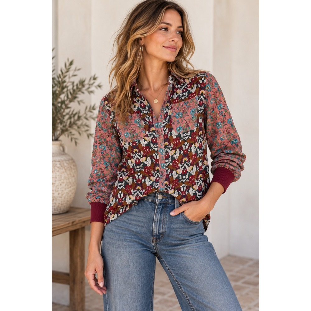 Tiny Anthropologie Mixed Floral Print Button Down Blouse Burgundy Teal Medium